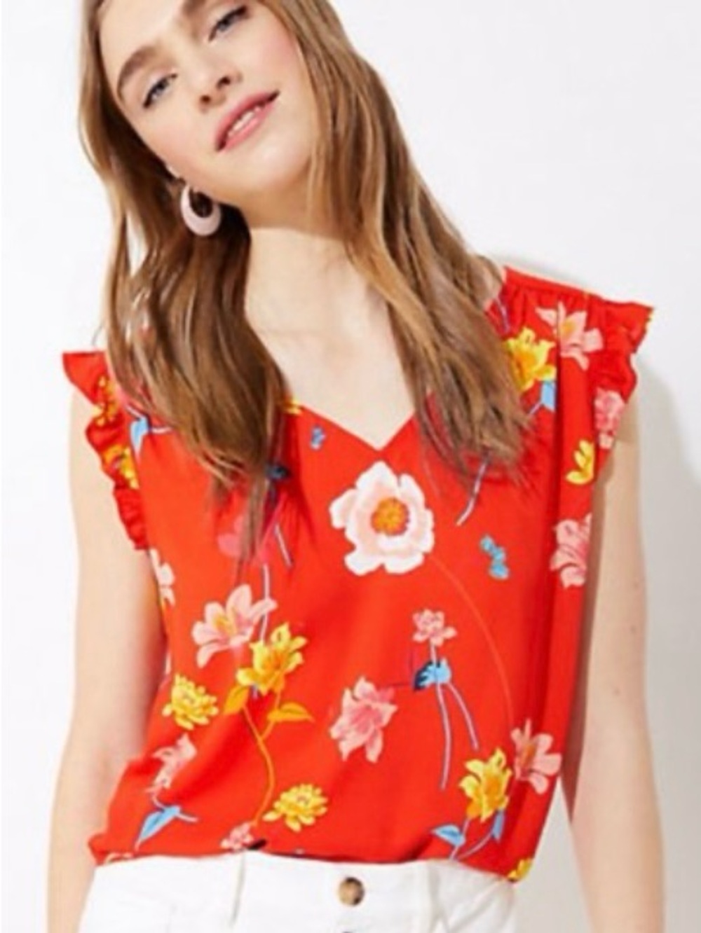 Loft Floral Red Sleeveless V-Neck Women's Top
Size Small